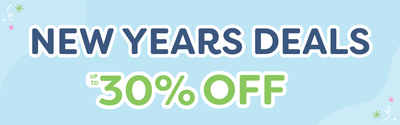 New Year's deals banner advertising up to 30% off holiday sale on a light blue background with confetti accents