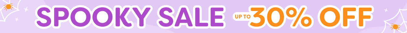 Halloween "Spooky Sale" banner — purple promotional ecommerce graphic with spider webs and orange "Up to 30% off" discount