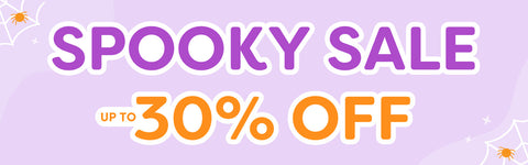 Halloween "Spooky Sale" banner — purple promotional ecommerce graphic with spider webs and orange "Up to 30% off" discount