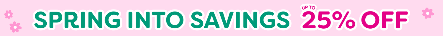 Spring Into Savings banner with pink floral background and flowers — up to 25% off spring sale on seasonal items