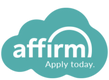 Affirm logo with 'Apply today' text on teal background, promoting financial services.