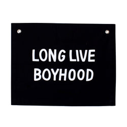 Banner with "Long Live Boyhood" text in bold white letters on a black background.