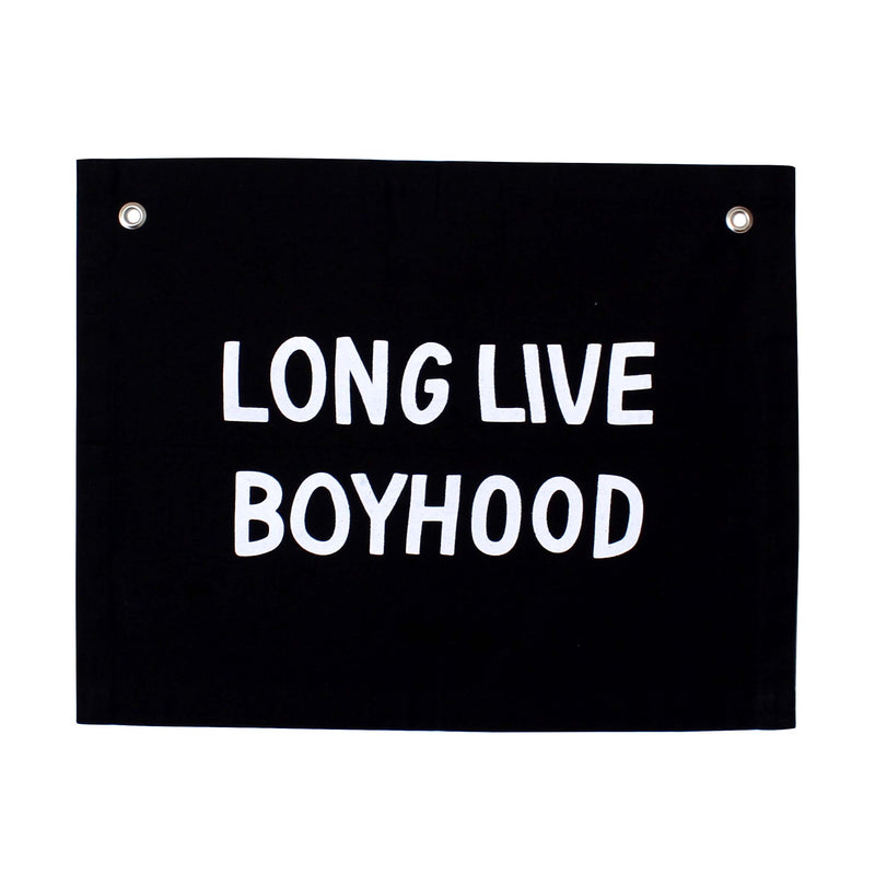 Banner with "Long Live Boyhood" text in bold white letters on a black background.