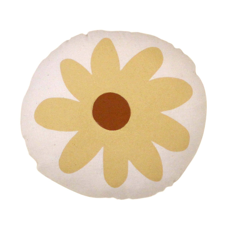 Decorative daisy flower pillow with beige and brown petals on a white background, perfect for living room decor.