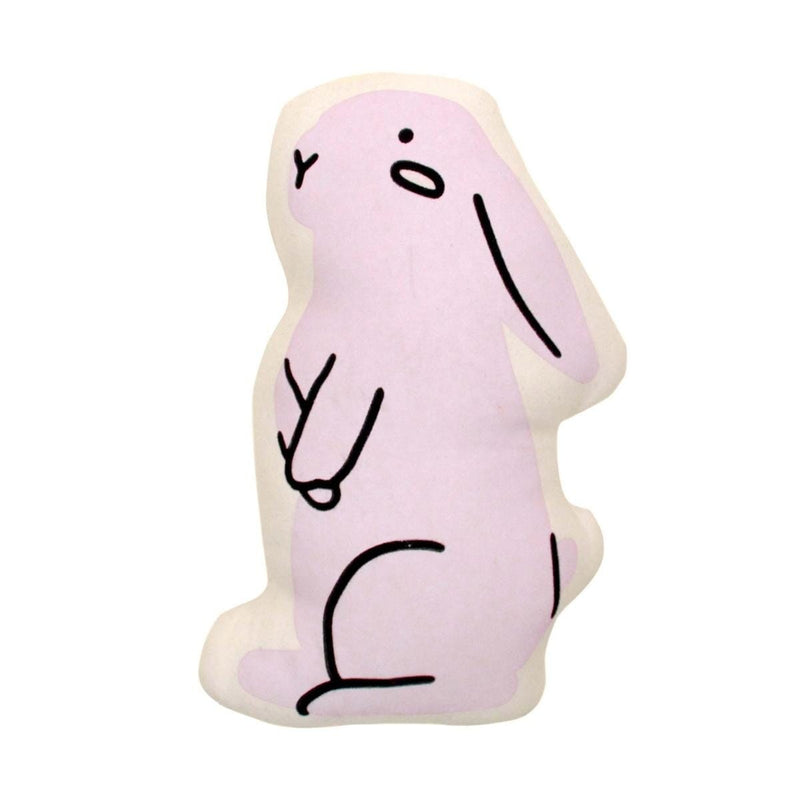 Pink cartoon rabbit-shaped pillow with minimalist design on a white background.