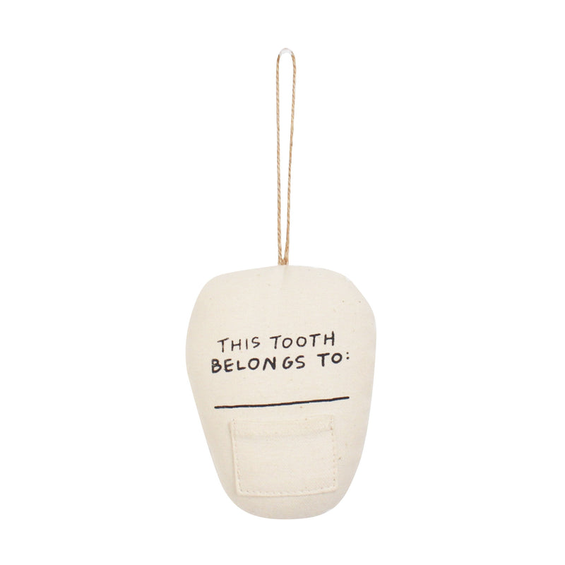 Cotton tooth fairy pillow with string loop and text "This Tooth Belongs To" for children's lost teeth storage.