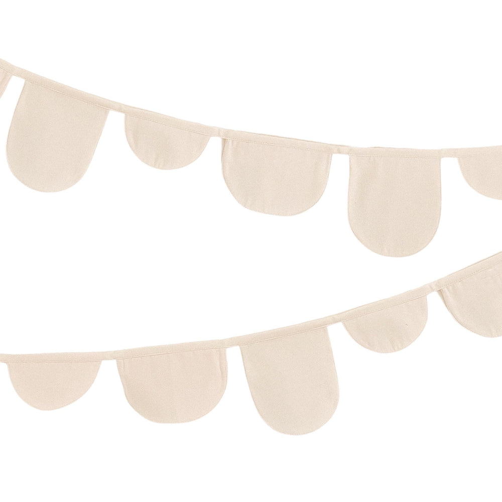 Cream-colored fabric bunting garland with semi-circle flags for party decoration.