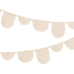Cream-colored fabric bunting garland with semi-circle flags for party decoration.