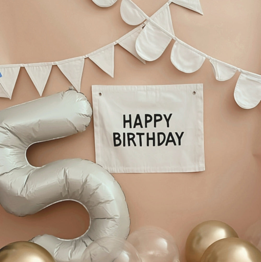 Silver number 5 balloon with Happy Birthday banner and gold balloons, perfect for a fifth birthday celebration.