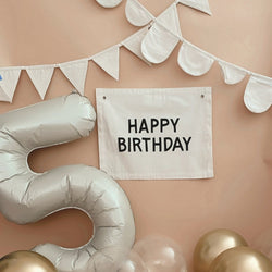 Silver number 5 balloon with Happy Birthday banner and gold balloons, perfect for a fifth birthday celebration.