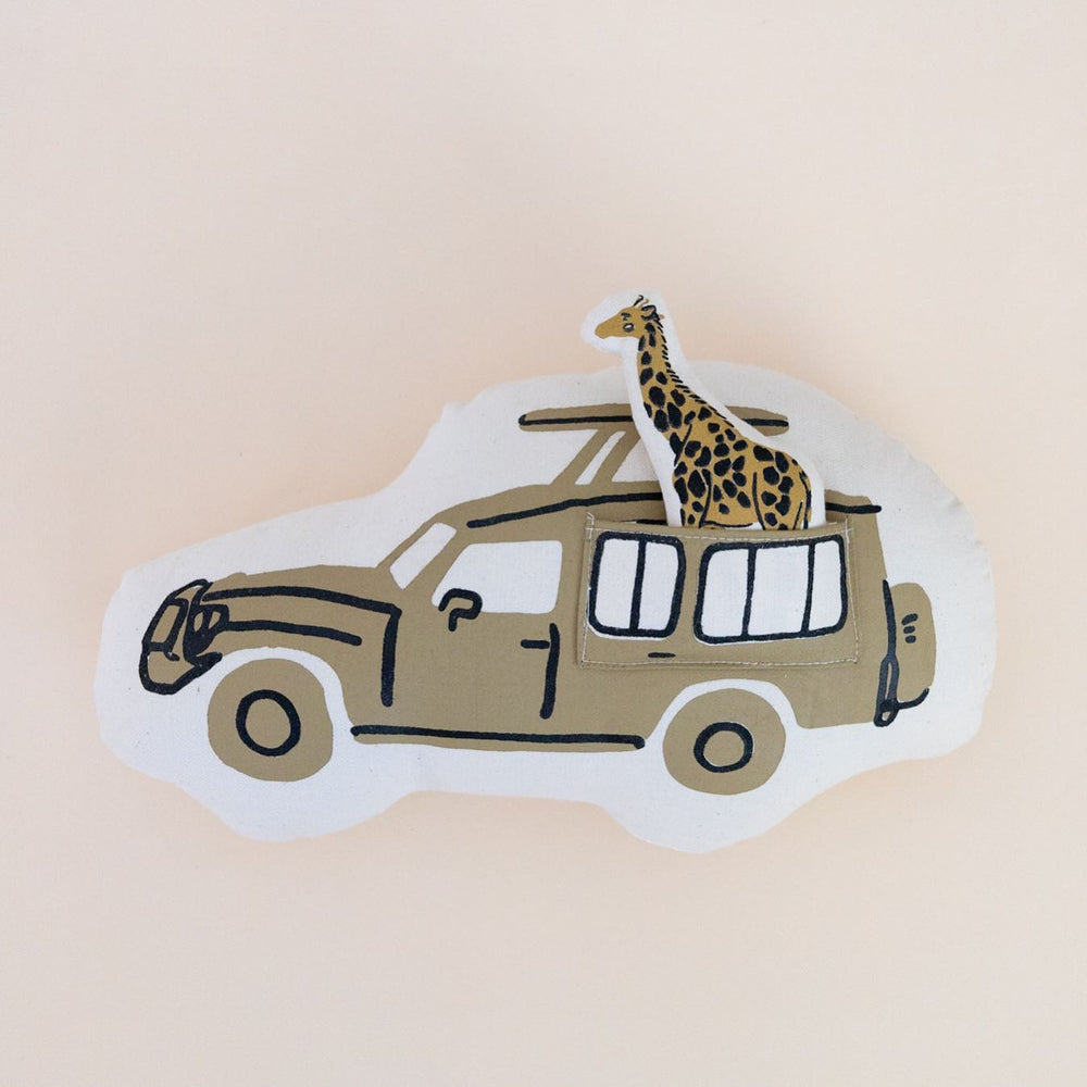 Illustration of a safari jeep with a giraffe toy on top, symbolizing wildlife adventure travel.