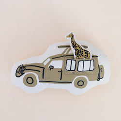 Illustration of a safari jeep with a giraffe toy on top, symbolizing wildlife adventure travel.