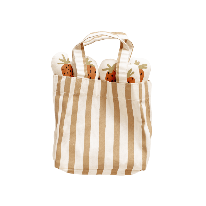Striped tote bag with cute plush carrots, eco-friendly shopping accessory.