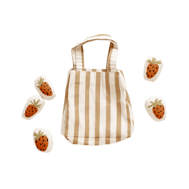 Striped tote bag with cute strawberry print accents, perfect for eco-friendly shopping trips.