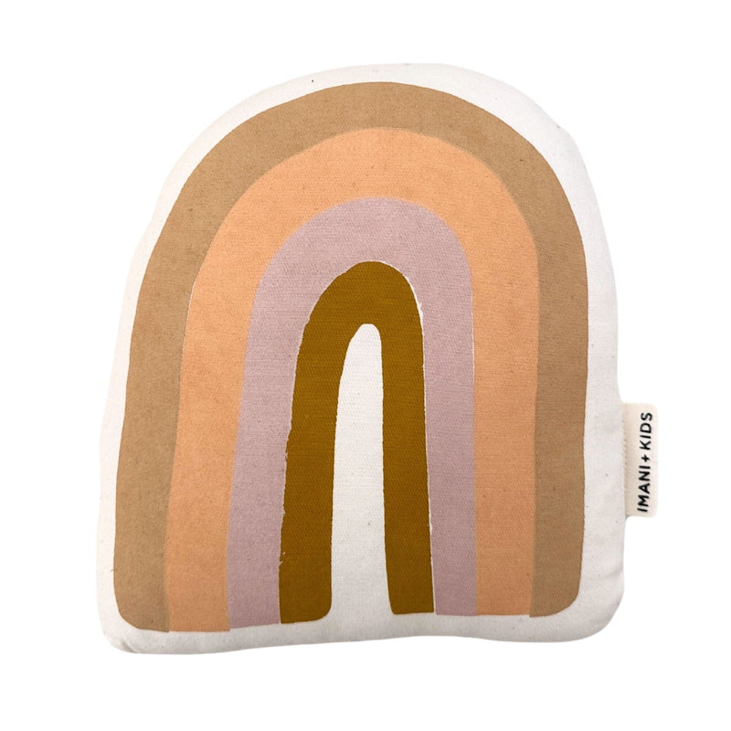 Soft rainbow-themed kids pillow with earth-toned colors.