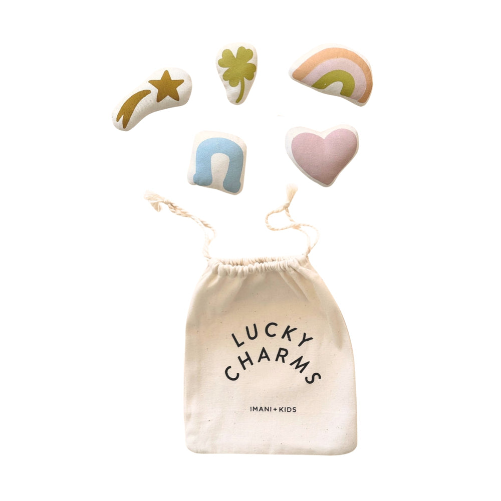 Children's Lucky Charms toy set with cloth bag including rainbow, star, clover, heart, and horseshoe shapes.