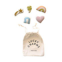 Children's Lucky Charms toy set with cloth bag including rainbow, star, clover, heart, and horseshoe shapes.