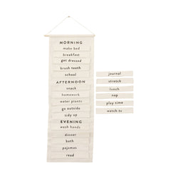 Hanging daily routine chart for kids with removable activity labels for morning, afternoon, and evening tasks.