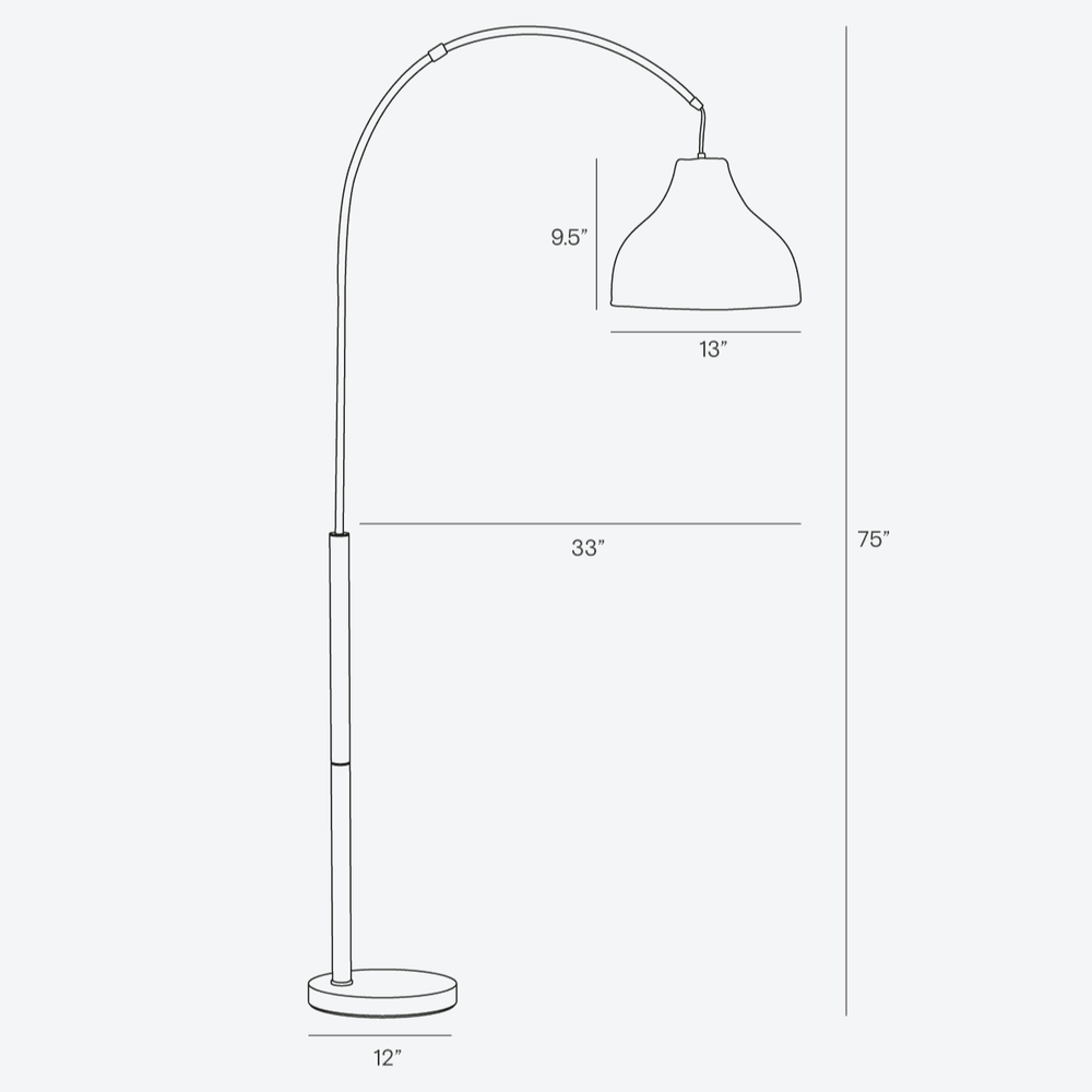 Floor lamp dimensions diagram with 75-inch height, 33-inch arm length, 13-inch shade diameter, and 12-inch base diameter.