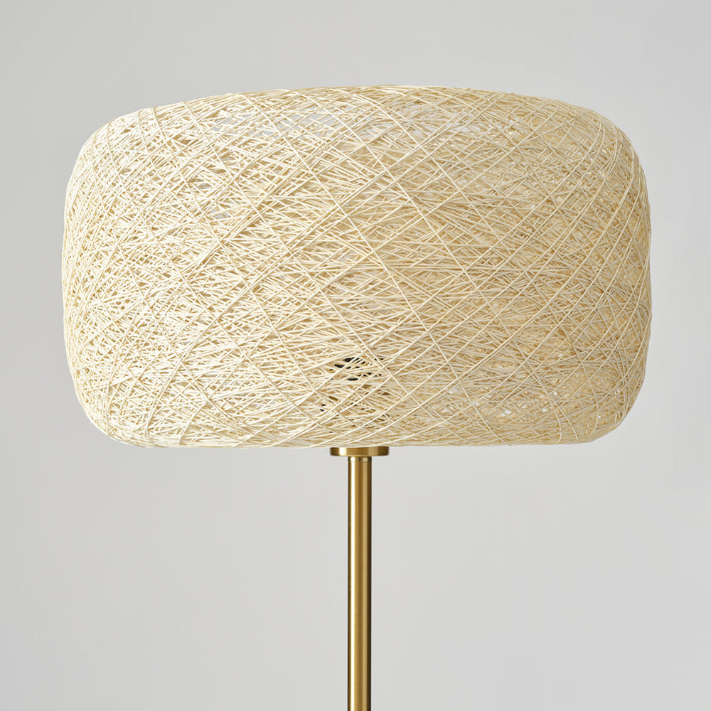 Modern woven fiber lampshade on brass floor lamp.