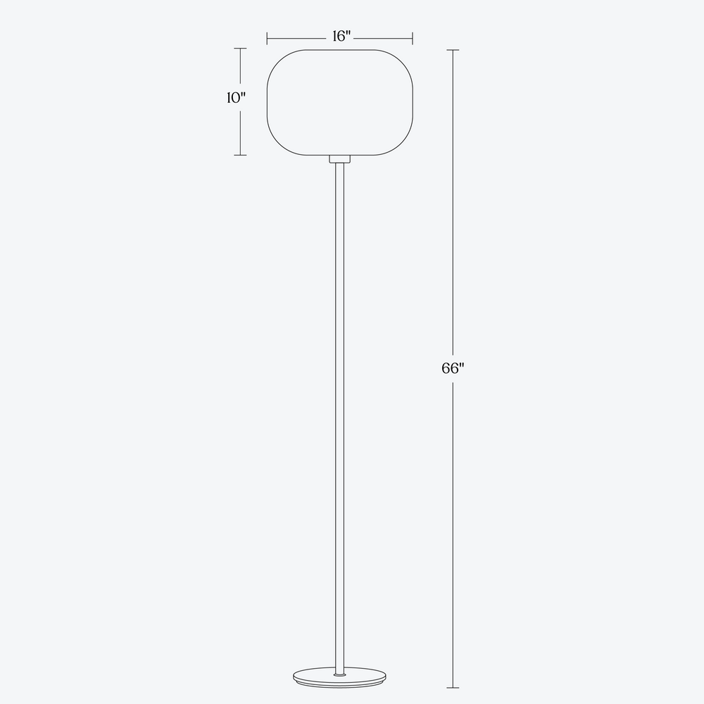 Diagram of modern floor lamp with dimensions, measuring 66 inches in height and 16 inches in width.