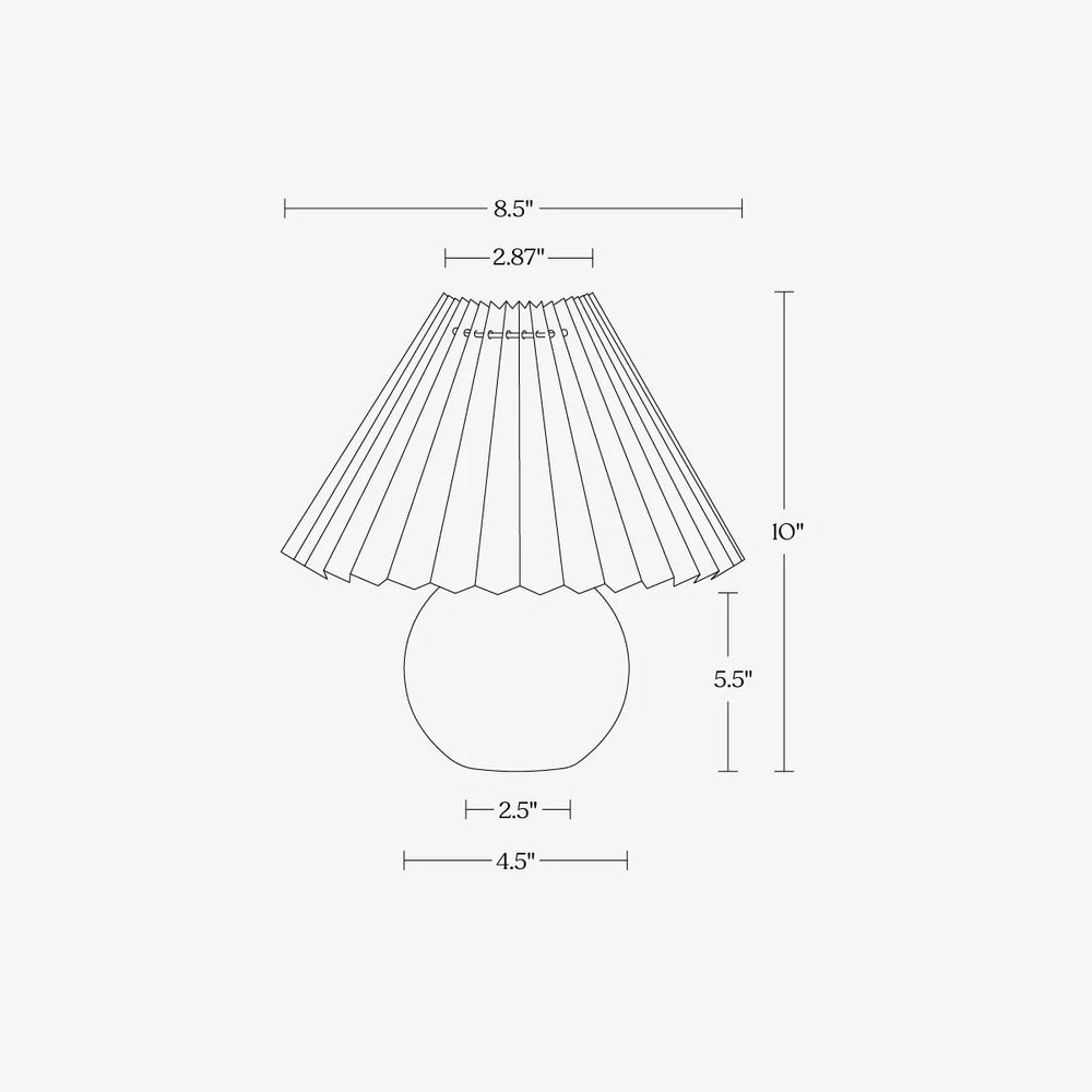 Diagram illustrating dimensions of a modern table lamp with pleated shade, featuring measurements for optimized interior design and home decor.