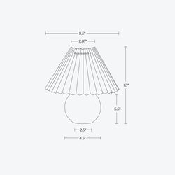 Diagram illustrating dimensions of a modern table lamp with pleated shade, featuring measurements for optimized interior design and home decor.