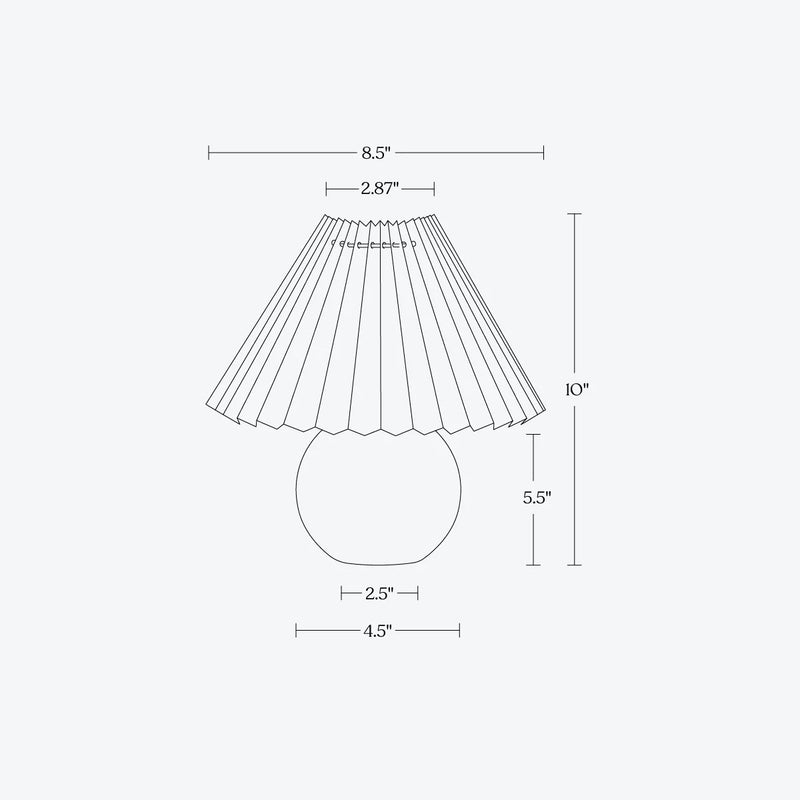 Diagram illustrating dimensions of a modern table lamp with pleated shade, featuring measurements for optimized interior design and home decor.