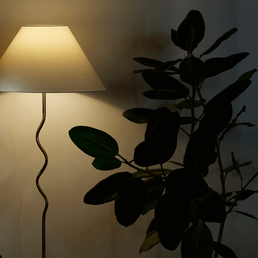 Floor lamp with a beige shade illuminating a dark green potted houseplant in a cozy living room setting.