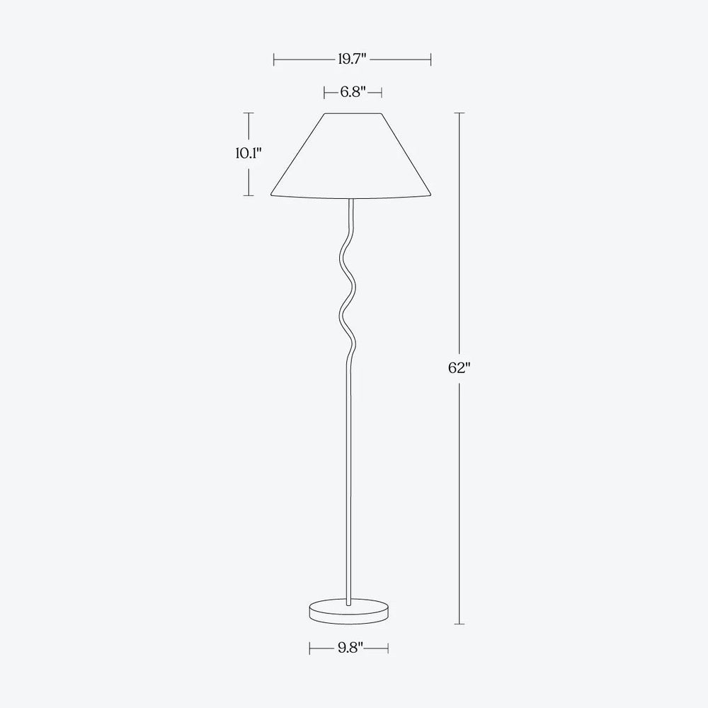 Diagram of modern floor lamp with wavy stand, detailed dimensions: height 62 inches, lampshade width 19.7 inches, base width 9.8 inches.
