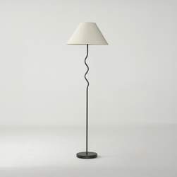 Modern black floor lamp with wavy stem and white lampshade on white background.