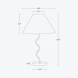 Diagram of modern table lamp with dimensions, including 14.6-inch width, 22.4-inch height, 6.3-inch base diameter.