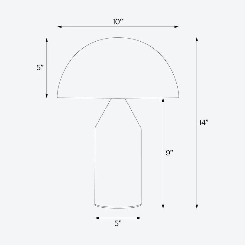 Dimensions diagram for a modern table lamp with a mushroom shape, featuring measurements of 10 inches width, 14 inches height, and 5 inches diameter.