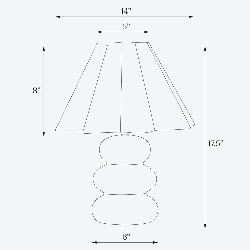 Diagram of a modern table lamp with measurements: 17.5 inches tall, 14 inches wide lampshade, 8-inch lampshade height, 6-inch base width, and 5-inch lampshade top width.