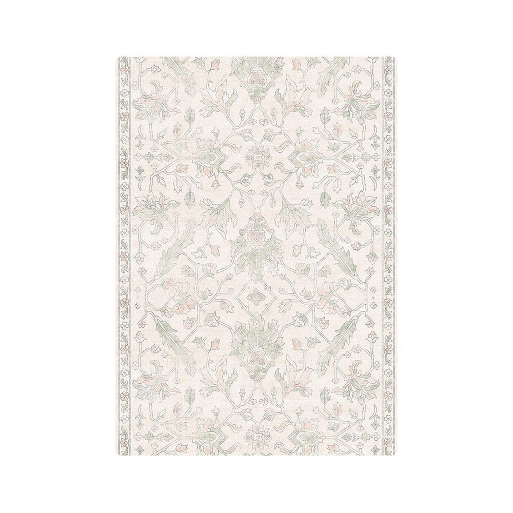Vintage floral area rug with intricate green and beige patterns, perfect for enhancing living room decor.