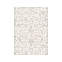 Vintage floral area rug with intricate green and beige patterns, perfect for enhancing living room decor.