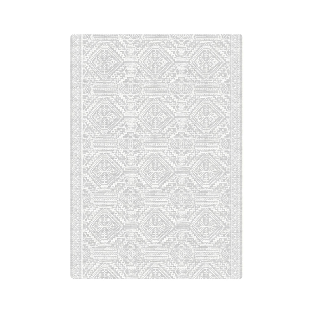 Elegant gray geometric patterned area rug with intricate detailing for modern home decor.