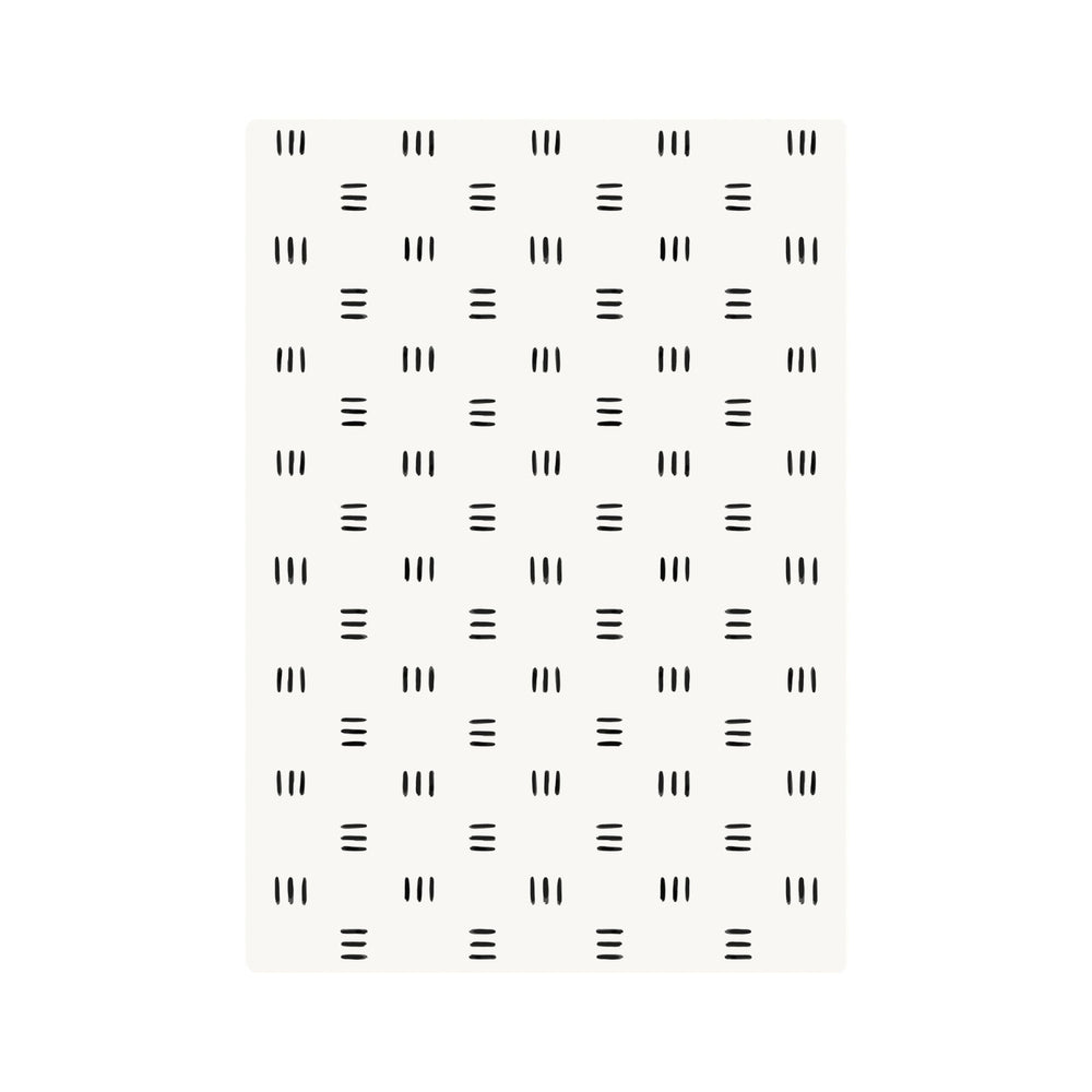 Minimalist black and white abstract pattern on a rectangular mat, ideal for modern home decor.