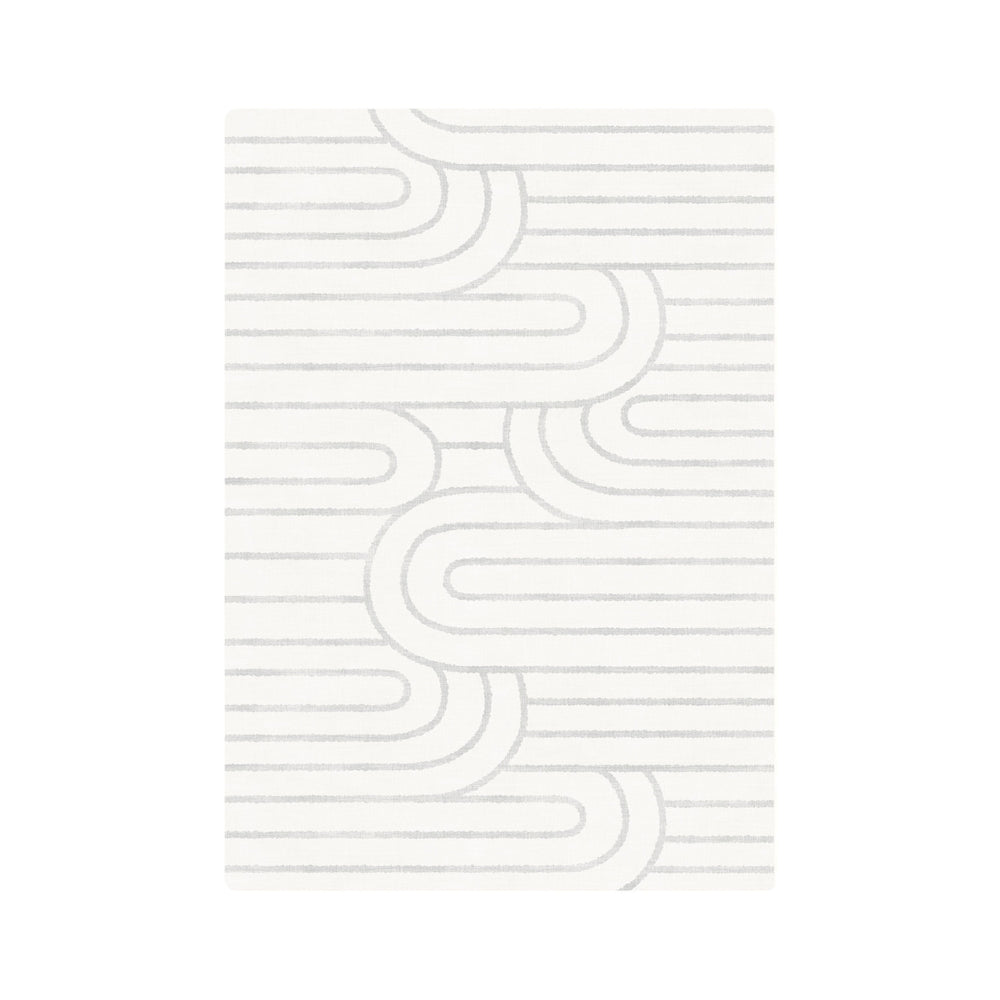 Modern white area rug with geometric pattern design.