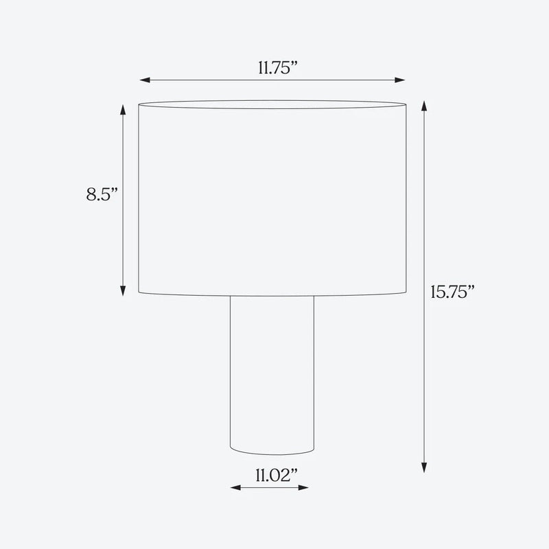 Diagram of table lamp dimensions showing height, width, and depth measurements in inches.