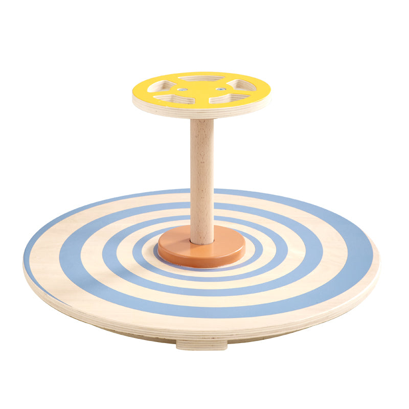 Colorful balance board with concentric circles and a yellow spinning top for kids' coordination exercises.