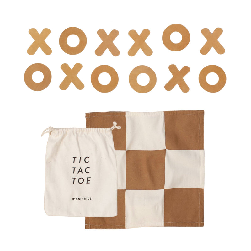 Tic-tac-toe board game with X and O pieces, cloth bag, and checkered mat for kids.