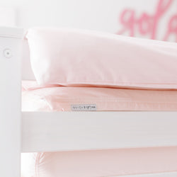 QuickZip light pink twin bedding on white bunk bed — soft cotton fitted sheet and pillowcase ideal for kids' bedroom