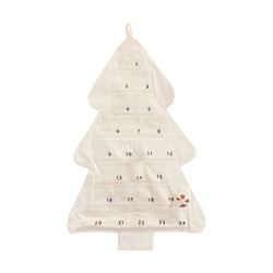 Fabric Christmas tree-shaped advent calendar with numbered pockets for holiday countdown.