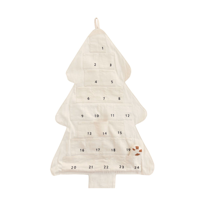 Fabric Christmas tree-shaped advent calendar with numbered pockets for holiday countdown.