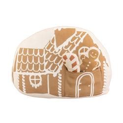 Soft gingerbread house pillow with gingerbread man and candy cane design.