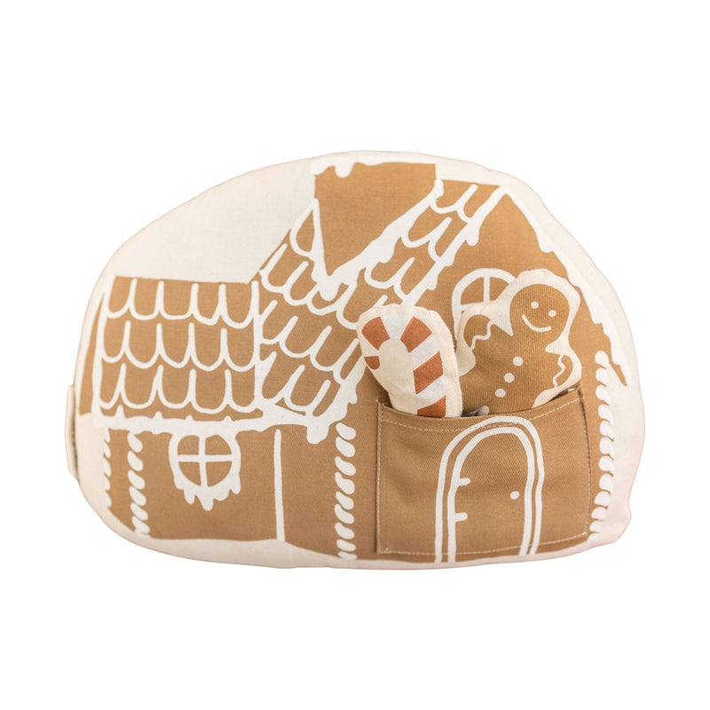 Soft gingerbread house pillow with gingerbread man and candy cane design.