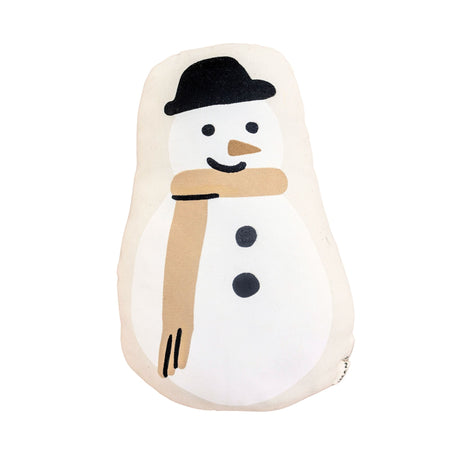 A cute snowman-shaped decorative pillow with a black hat and beige scarf against a white background.