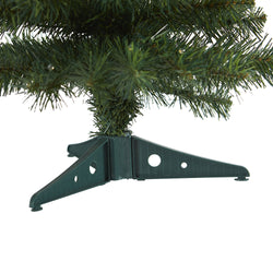 Green plastic artificial Christmas tree stand with tripod base supporting faux pine branches — sturdy base for small to medium trees