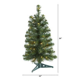 24-inch prelit artificial tabletop Christmas tree with realistic green PVC branches, warm white LED lights and compact 11-inch base for small-space holiday decor